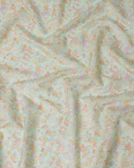 Mint Green Embroidered Silk Organza Fabric, Floral Design, 110 cm Width-D20105