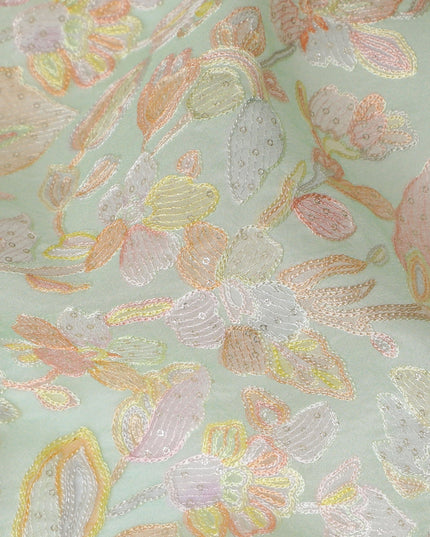 Mint Green Embroidered Silk Organza Fabric, Floral Design, 110 cm Width-D20105