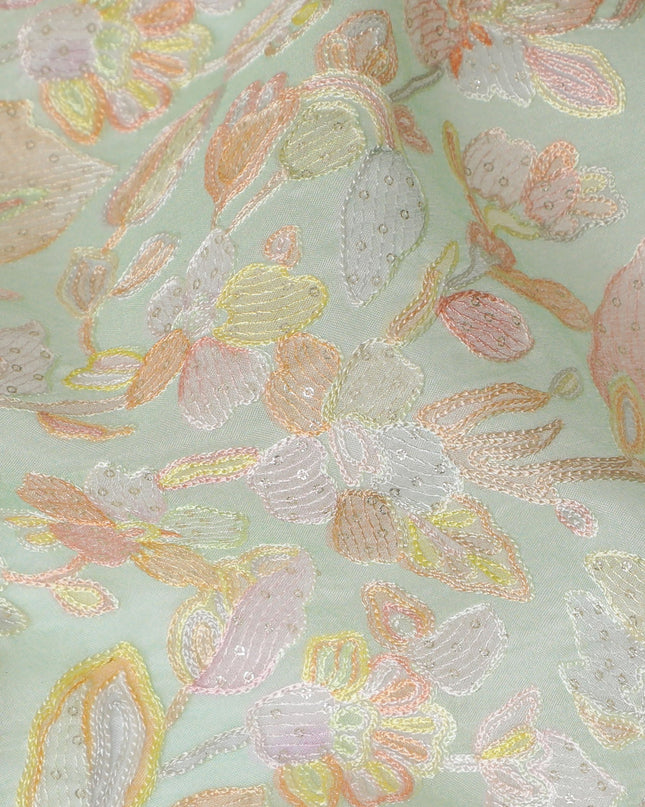 Mint Green Embroidered Silk Organza Fabric, Floral Design, 110 cm Width-D20105