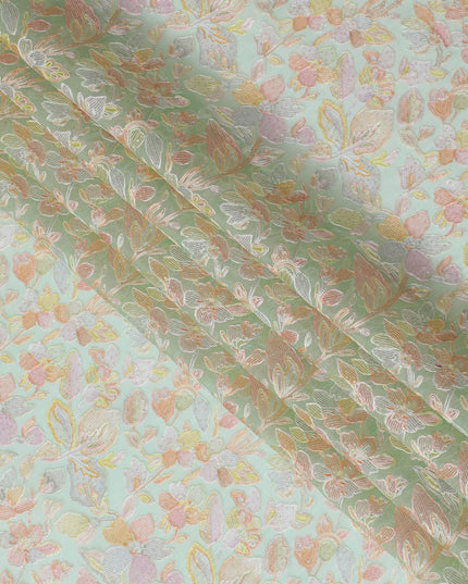 Mint Green Embroidered Silk Organza Fabric, Floral Design, 110 cm Width-D20105