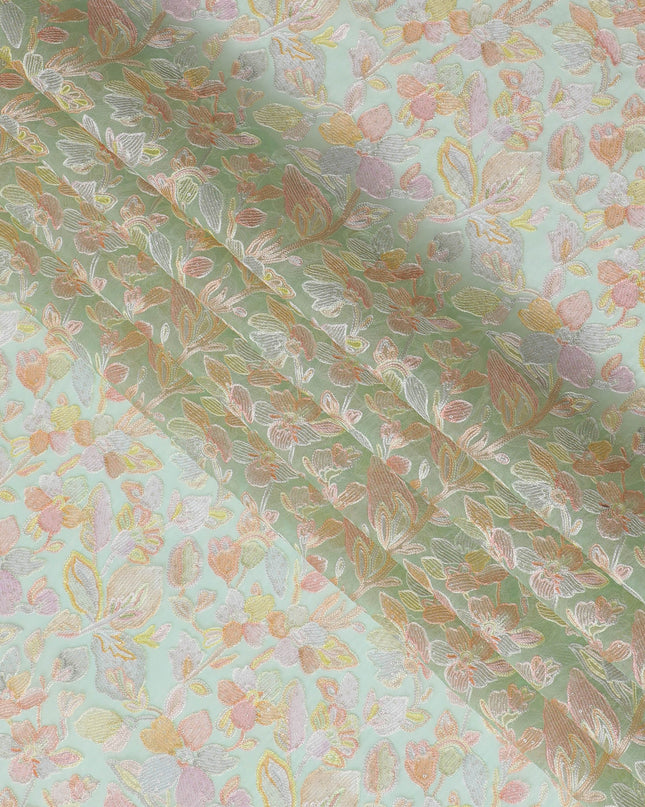 Mint Green Embroidered Silk Organza Fabric, Floral Design, 110 cm Width-D20105