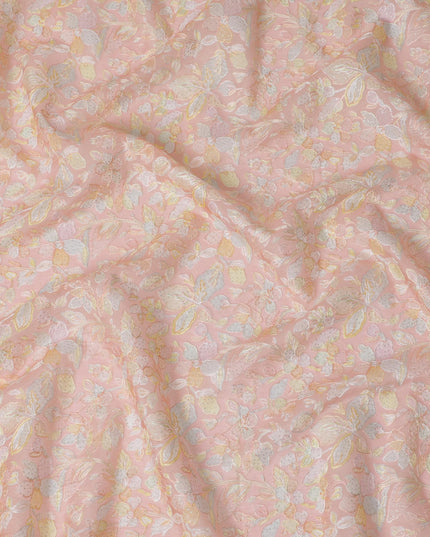 Blush Pink Embroidered Silk Organza Fabric, Delicate Floral Pattern, 110 cm Width-D20106