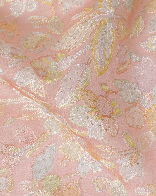 Blush Pink Embroidered Silk Organza Fabric, Delicate Floral Pattern, 110 cm Width-D20106