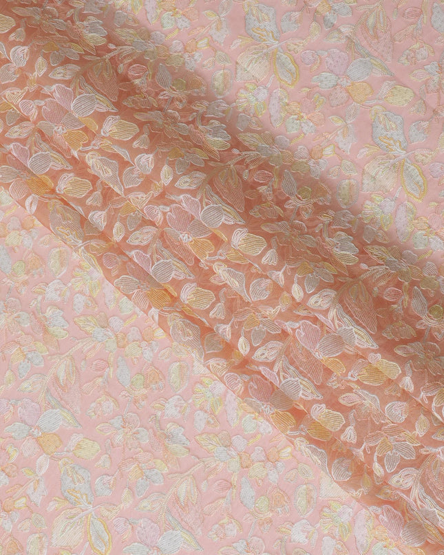 Blush Pink Embroidered Silk Organza Fabric, Delicate Floral Pattern, 110 cm Width-D20106