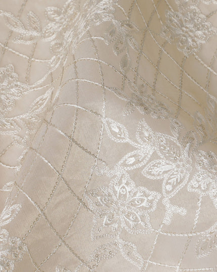 Ivory Silk Organza Fabric with Silver Embroidery, 110 cm Width-D20107