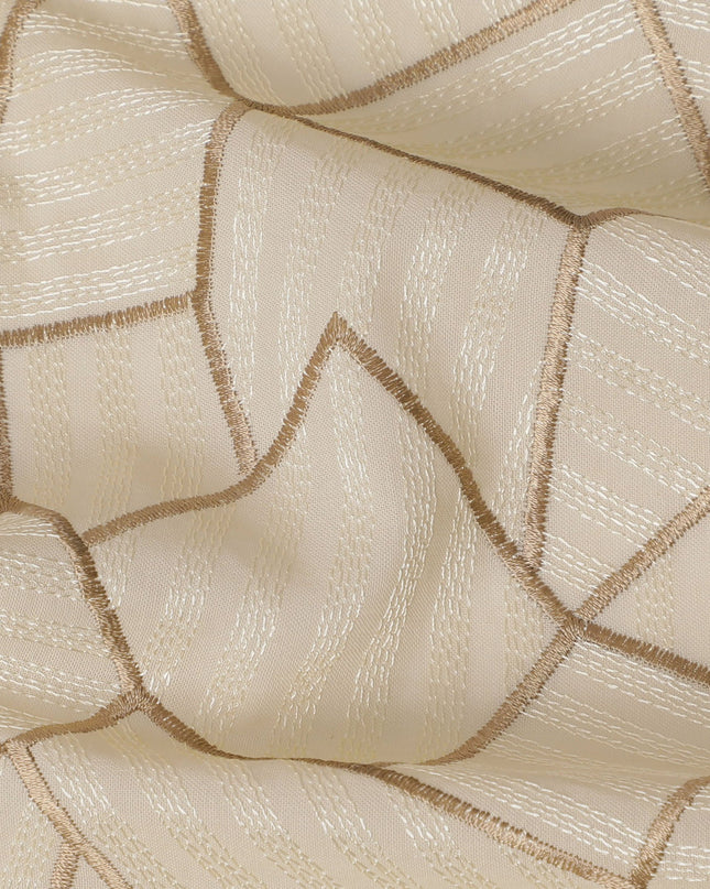 Cream Cotton Voile Fabric with Gold Geometric Embroidery, 110 cm Width-D20110