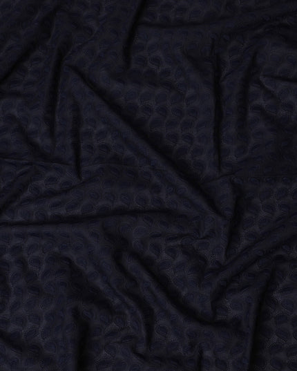 Midnight Blue Cotton Voile Fabric with Embossed Leaf Design, 110 cm Width-D20114