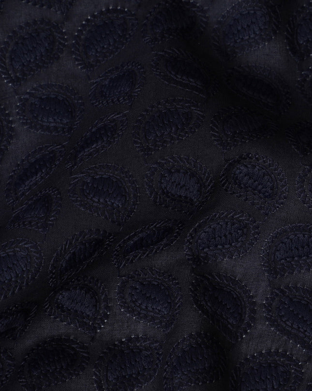 Midnight Blue Cotton Voile Fabric with Embossed Leaf Design, 110 cm Width-D20114