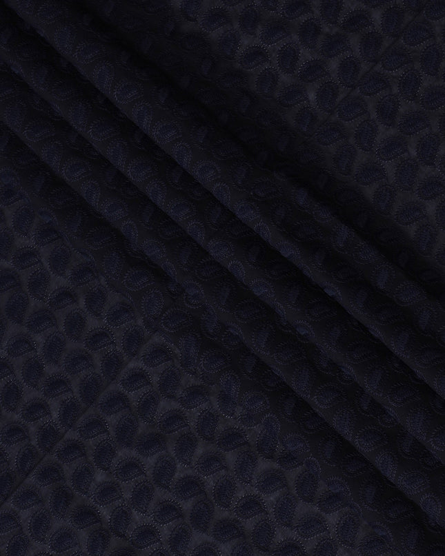 Midnight Blue Cotton Voile Fabric with Embossed Leaf Design, 110 cm Width-D20114