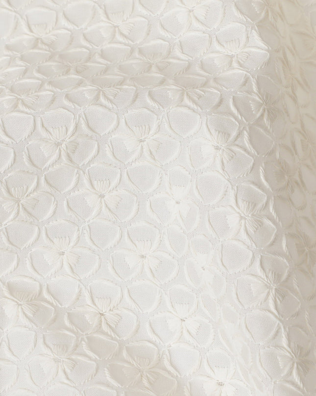 Ivory White Cotton Voile Fabric with Embroidered Floral Pattern, 110 cm Width-D20116