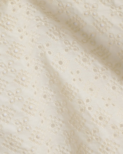 Ivory Cotton Voile Fabric with Embroidered Daisy Pattern, 110 cm Width-D20118