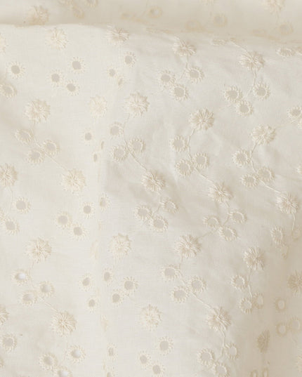 Antique White Cotton Voile Fabric with Floral Embroidery, 110 cm Width-D20119