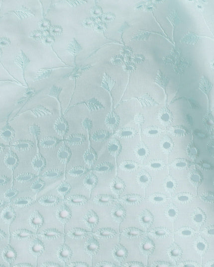 Sky Blue Cotton Voile Fabric with White Floral Embroidery, 110 cm Width-D20121