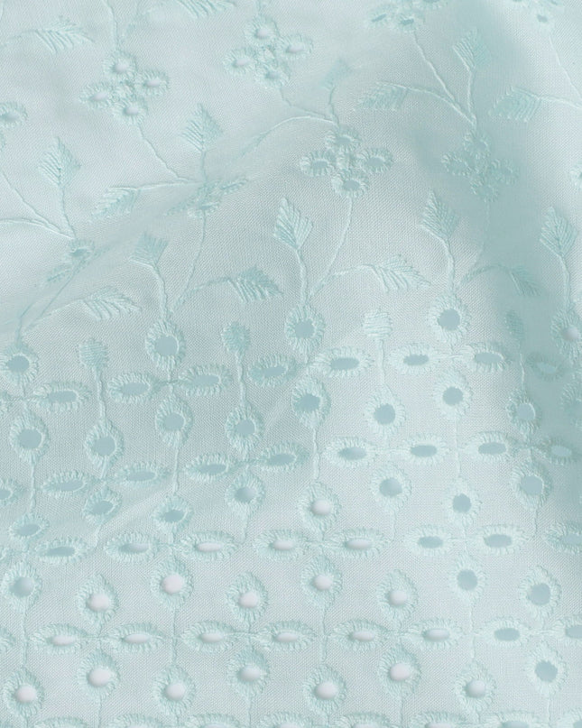 Sky Blue Cotton Voile Fabric with White Floral Embroidery, 110 cm Width-D20121