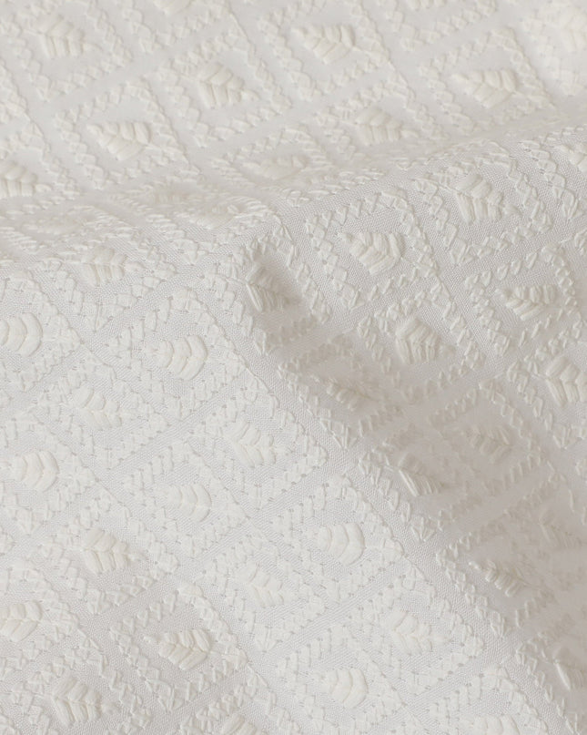 Pure White Cotton Voile Fabric with Textured Embroidery, 110 cm Width-D20122