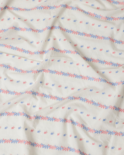 Soft White Cotton Voile Fabric with Pink and Blue Embroidery, 110 cm Width-D20123