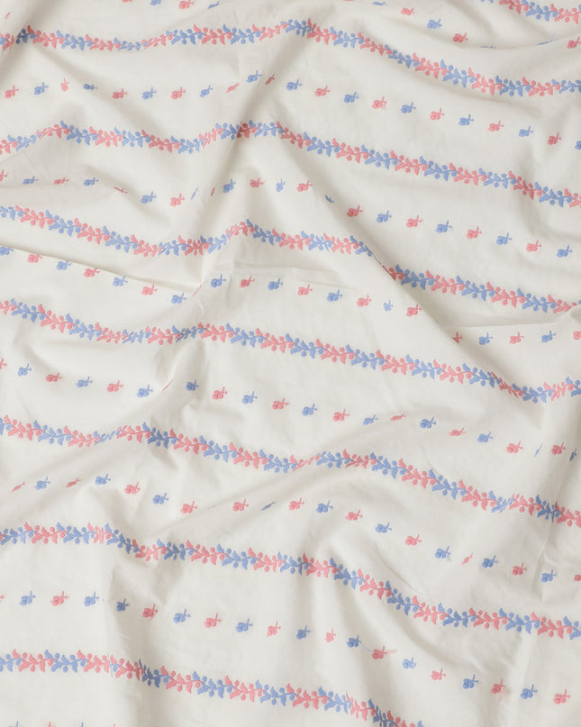 Soft White Cotton Voile Fabric with Pink and Blue Embroidery, 110 cm Width-D20123