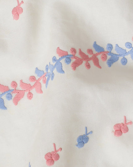 Soft White Cotton Voile Fabric with Pink and Blue Embroidery, 110 cm Width-D20123