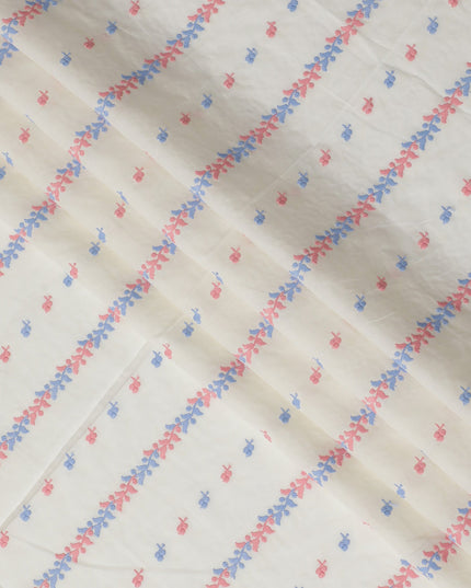 Soft White Cotton Voile Fabric with Pink and Blue Embroidery, 110 cm Width-D20123