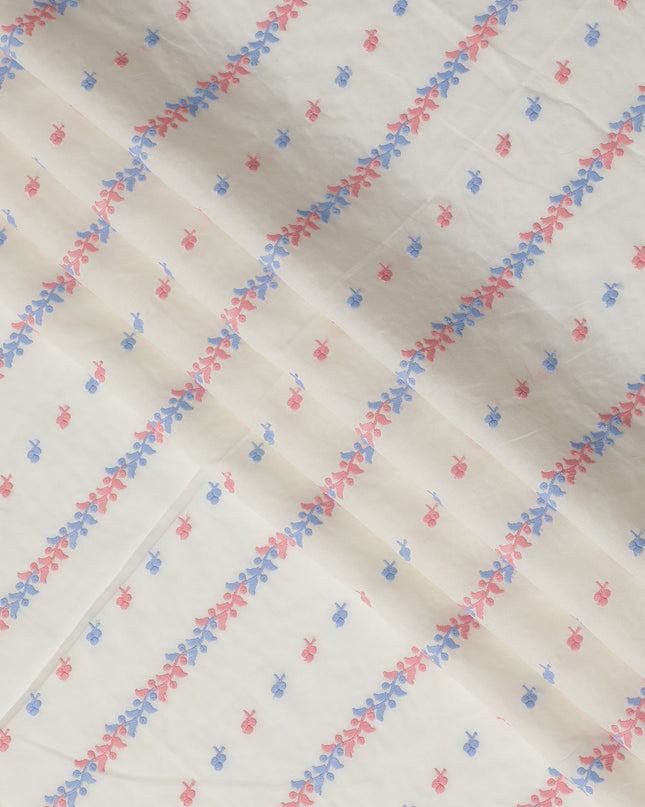 Soft White Cotton Voile Fabric with Pink and Blue Embroidery, 110 cm Width-D20123