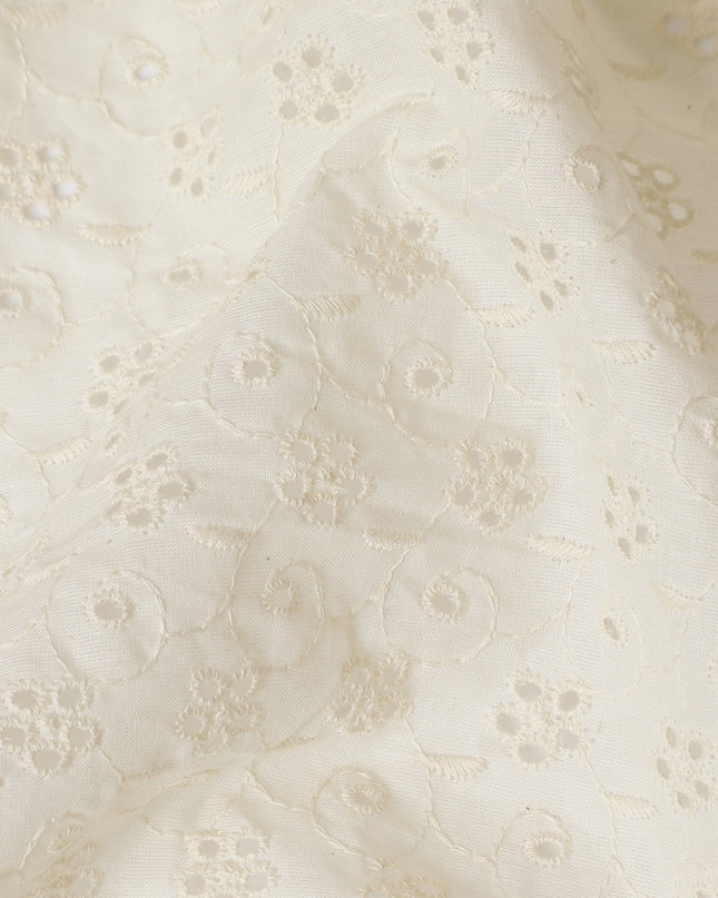 Ivory Cotton Voile Fabric with Intricate Embroidery, 110 cm Width - Exquisite & Detailed-D20126