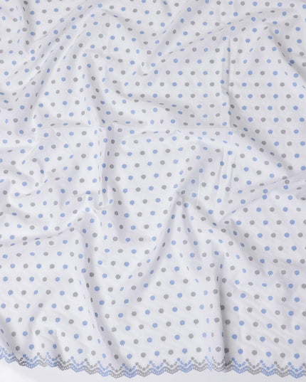 White Cotton Voile Fabric with Blue and Grey Floral Embroidery, 110 cm Width-D20127