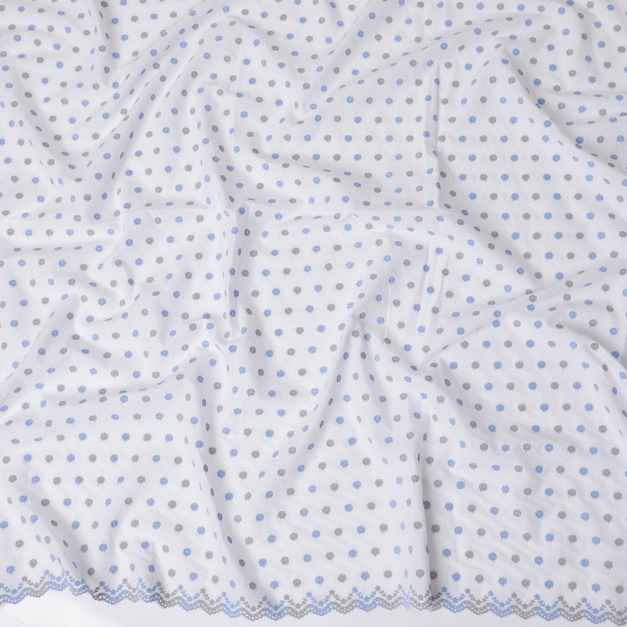 White Cotton Voile Fabric with Blue and Grey Floral Embroidery, 110 cm Width-D20127