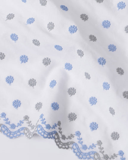 White Cotton Voile Fabric with Blue and Grey Floral Embroidery, 110 cm Width-D20127