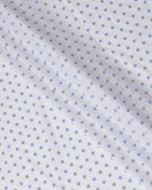 White Cotton Voile Fabric with Blue and Grey Floral Embroidery, 110 cm Width-D20127