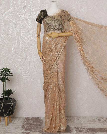 Golden Peach French Metallic Chantilly Lace Saree - 110 cm Width, 5.5 Meters-D20152