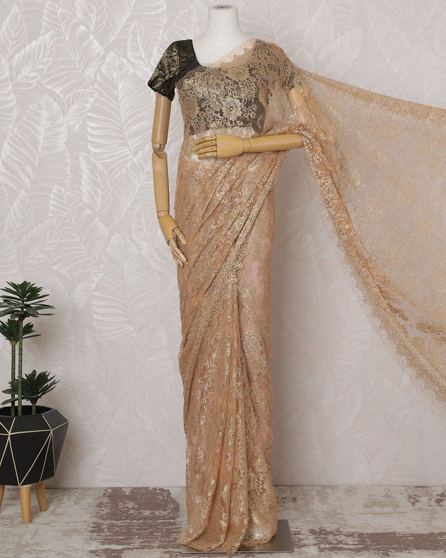 Golden Peach French Metallic Chantilly Lace Saree - 110 cm Width, 5.5 Meters-D20152