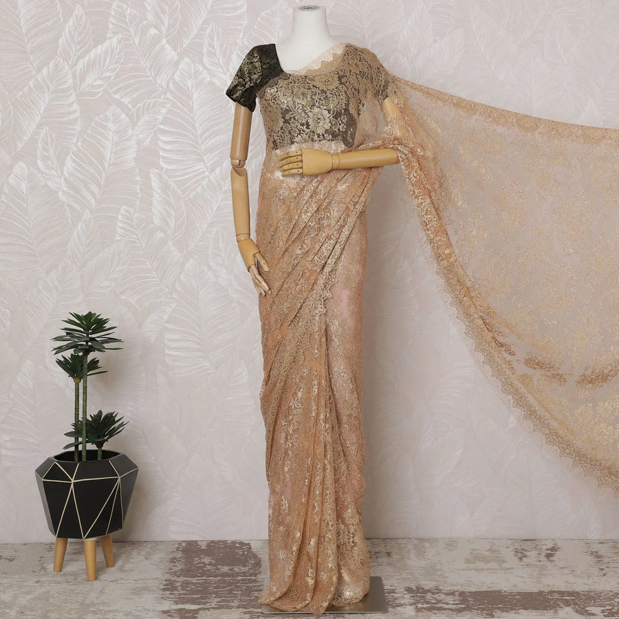 Golden Peach French Metallic Chantilly Lace Saree - 110 cm Width, 5.5 Meters-D20152 Regal Fabrics