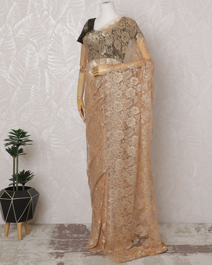 Golden Peach French Metallic Chantilly Lace Saree - 110 cm Width, 5.5 Meters-D20152