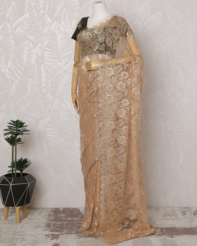 Golden Peach French Metallic Chantilly Lace Saree - 110 cm Width, 5.5 Meters-D20152