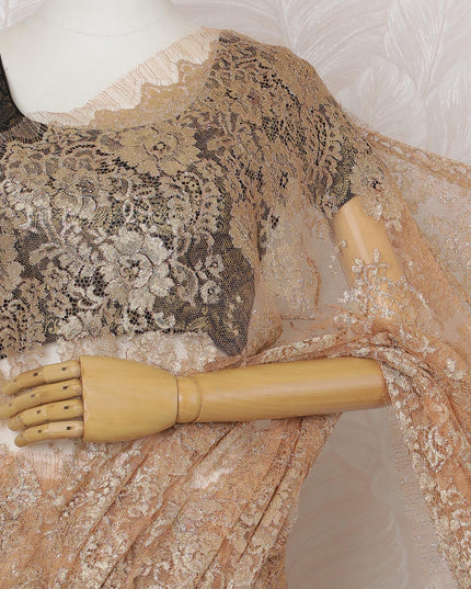 Golden Peach French Metallic Chantilly Lace Saree - 110 cm Width, 5.5 Meters-D20152