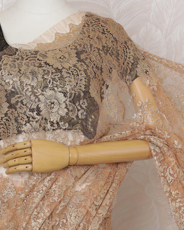 Golden Peach French Metallic Chantilly Lace Saree - 110 cm Width, 5.5 Meters-D20152