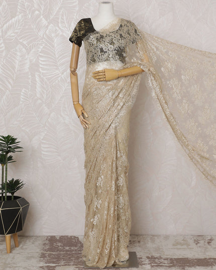 Champagne Gold French Metallic Chantilly Lace Saree - 110 cm Width, 5.5 Meters-D20154