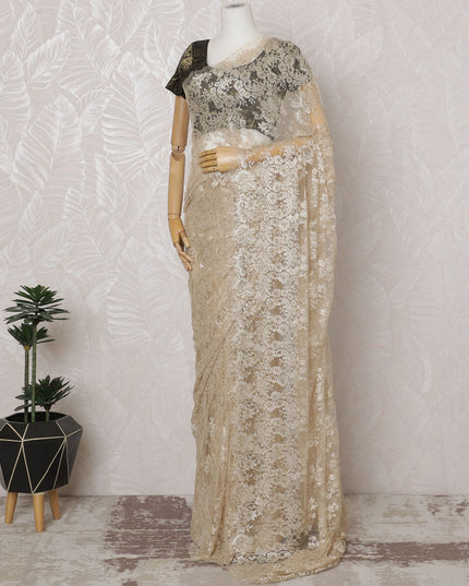 Champagne Gold French Metallic Chantilly Lace Saree - 110 cm Width, 5.5 Meters-D20154