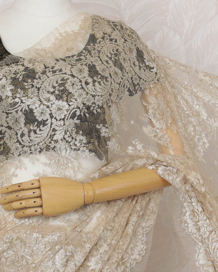 Champagne Gold French Metallic Chantilly Lace Saree - 110 cm Width, 5.5 Meters-D20154