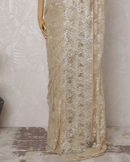 Champagne Gold French Metallic Chantilly Lace Saree - 110 cm Width, 5.5 Meters-D20154