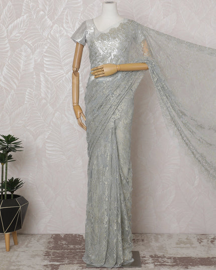 Silver, Gold, Powder blue French Metallic Chantilly Lace Saree - 110 cm Width, 5.5 Meters-D20155