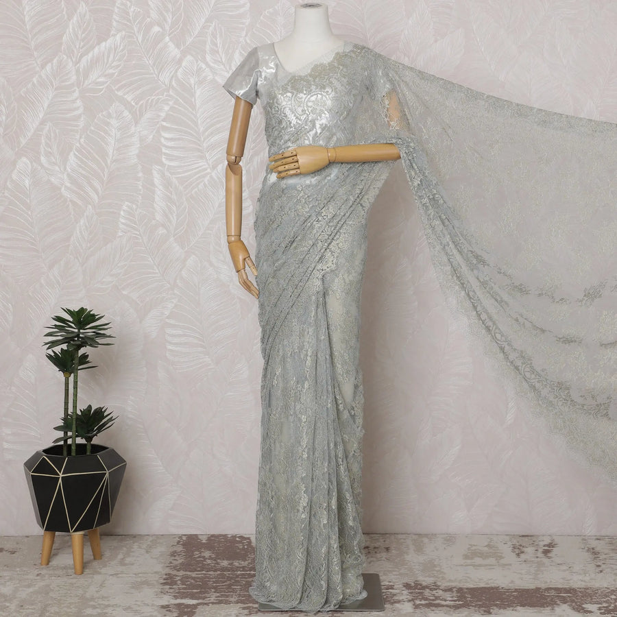 Silver, Gold, Powder blue French Metallic Chantilly Lace Saree - 110 cm Width, 5.5 Meters-D20155 Regal Fabrics