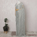 Silver, Gold, Powder blue French Metallic Chantilly Lace Saree - 110 cm Width, 5.5 Meters-D20155 Regal Fabrics