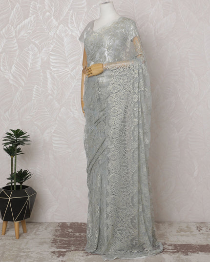 Silver, Gold, Powder blue French Metallic Chantilly Lace Saree - 110 cm Width, 5.5 Meters-D20155