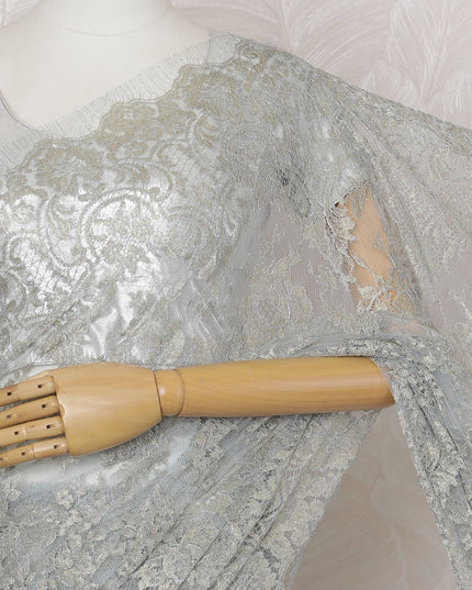 Silver, Gold, Powder blue French Metallic Chantilly Lace Saree - 110 cm Width, 5.5 Meters-D20155