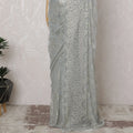 Silver, Gold, Powder blue French Metallic Chantilly Lace Saree - 110 cm Width, 5.5 Meters-D20155 Regal Fabrics