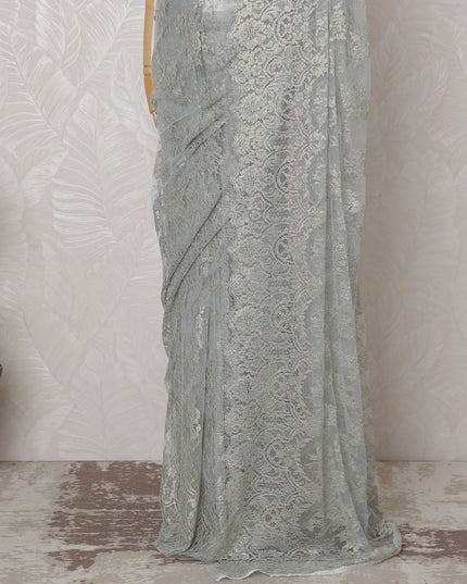 Silver, Gold, Powder blue French Metallic Chantilly Lace Saree - 110 cm Width, 5.5 Meters-D20155