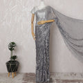 ساري فرنسي معدني من الدانتيل باللون الرمادي الفاتح والأزرق - عرض 110 سم، 5.5 متر - D20156