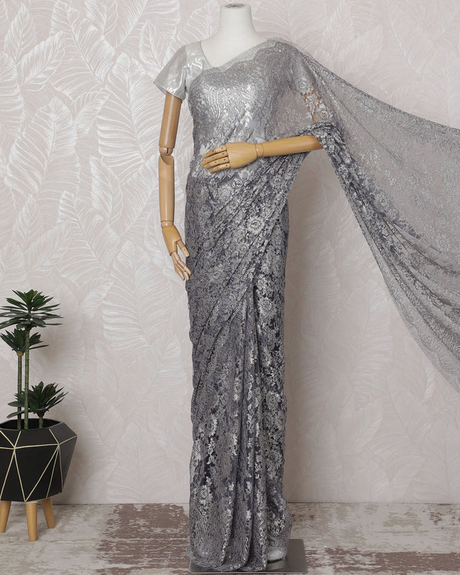 Pewter Gray, Blue French Metallic Chantilly Lace Saree - 110 cm Width, 5.5 Meters-D20156