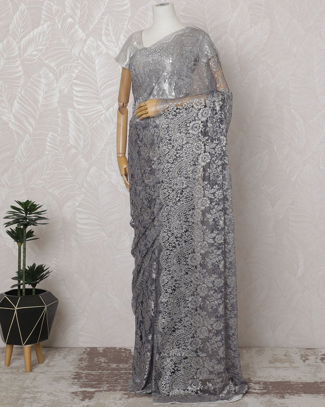 Pewter Gray, Blue French Metallic Chantilly Lace Saree - 110 cm Width, 5.5 Meters-D20156